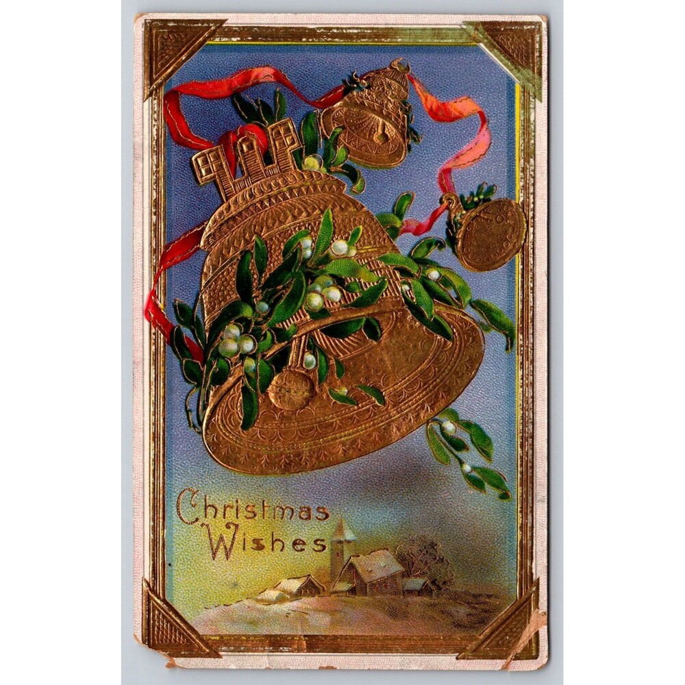 Postcard Christmas Wishes Golden Bells Embossed Posted 1915 Vandergrift PA Stamp